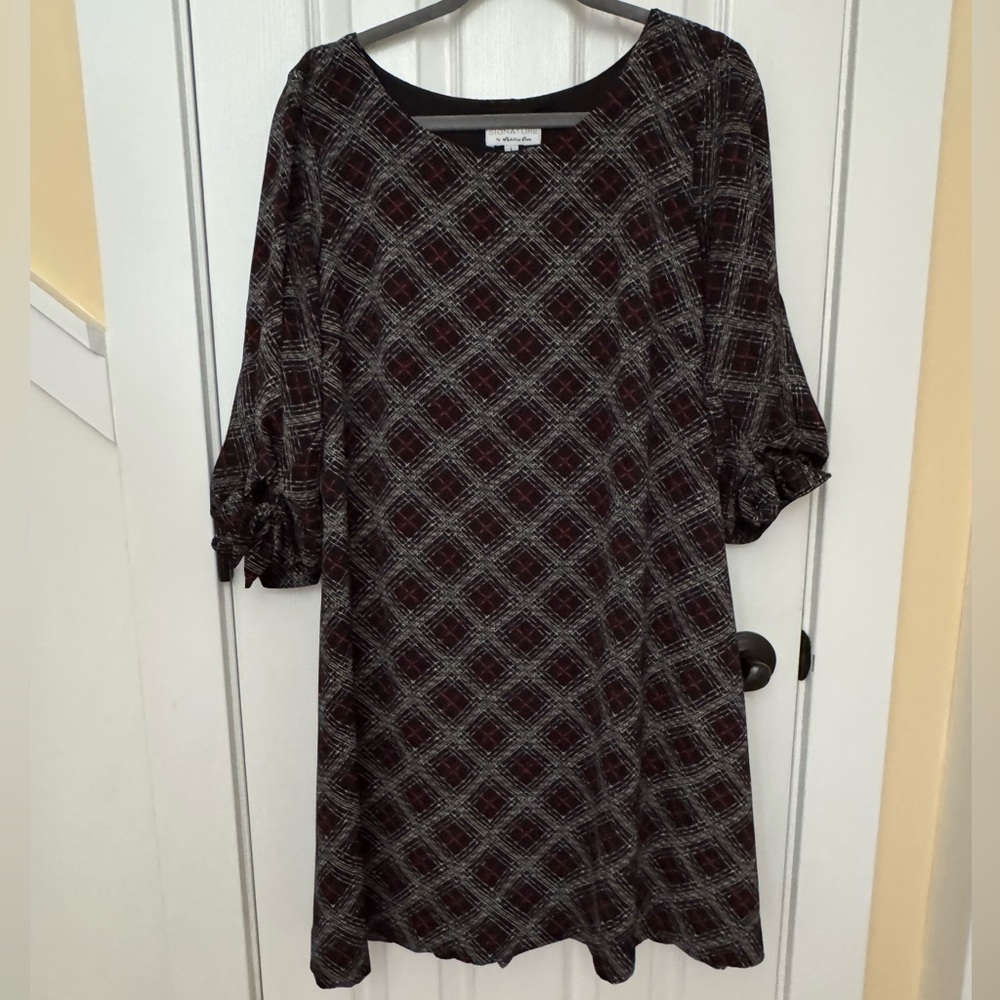 Signature by Robbie Bee Black and Burgundy Plaid Midi Dress